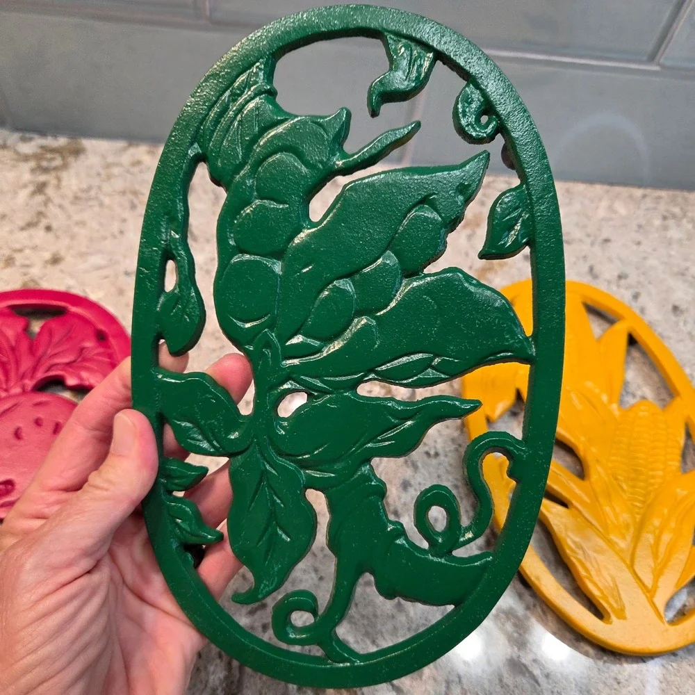 Vintage Cast Iron Vegetable Trivets Set of 3 Corn Peas Radish Multicolored